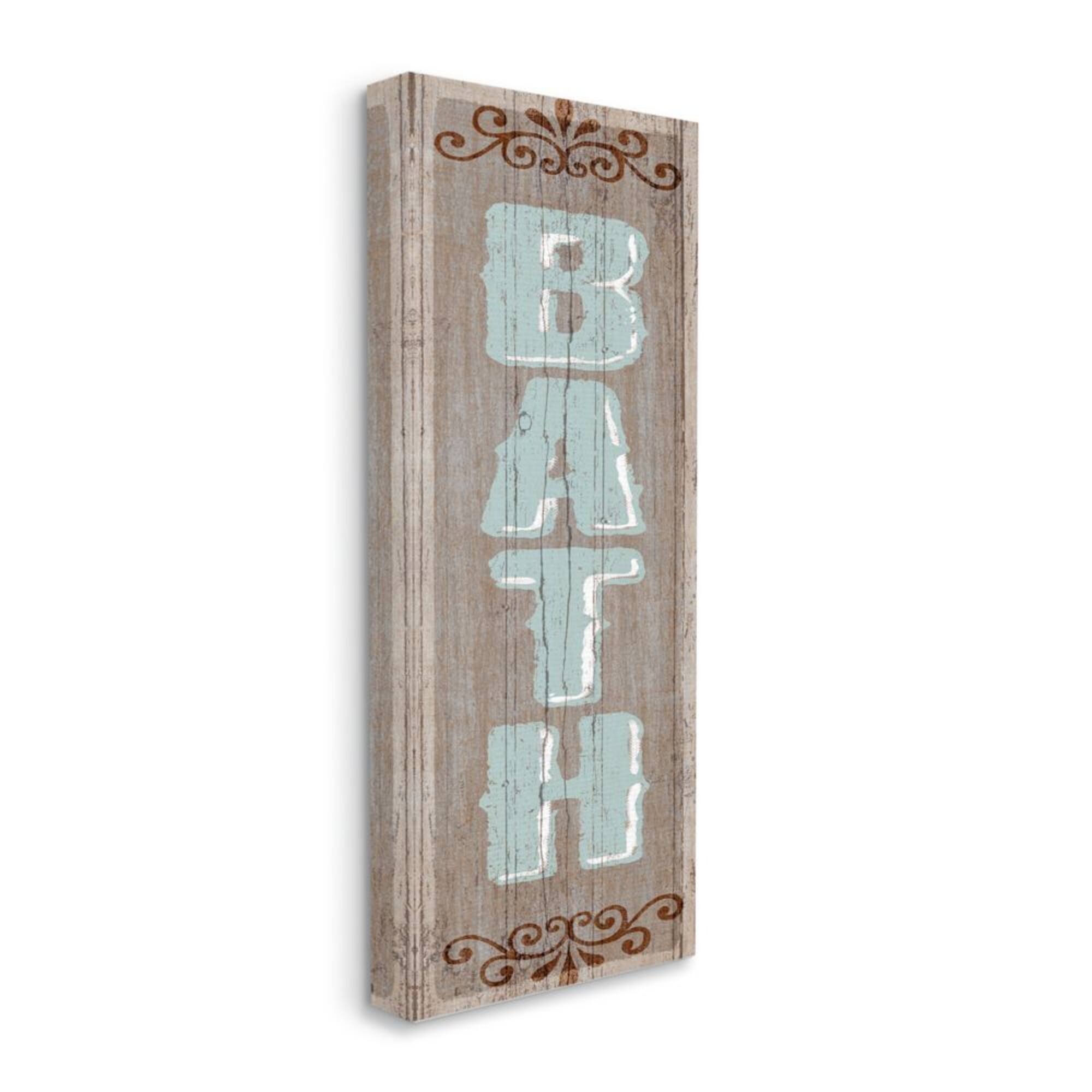 Stupell Industries Rustic Charm Bath Sign Blue Brown Family Bathroom Canvas Wall Art